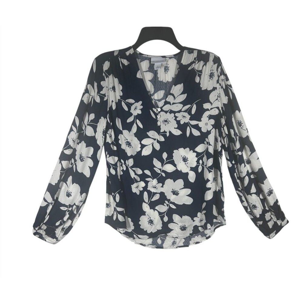 Liz‎ Claiborne Blouse Women's Small Navy Blue Floral V-Neck LS 100% Rayon NEW